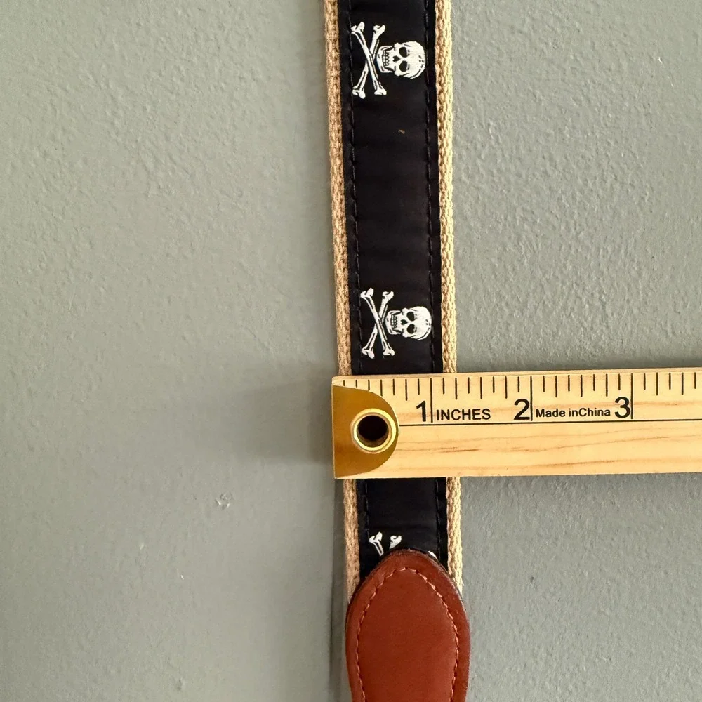 Skull Crossbones Ribbon Belt Size 32 Canvas Leather Solid Brass Preppy Made USA